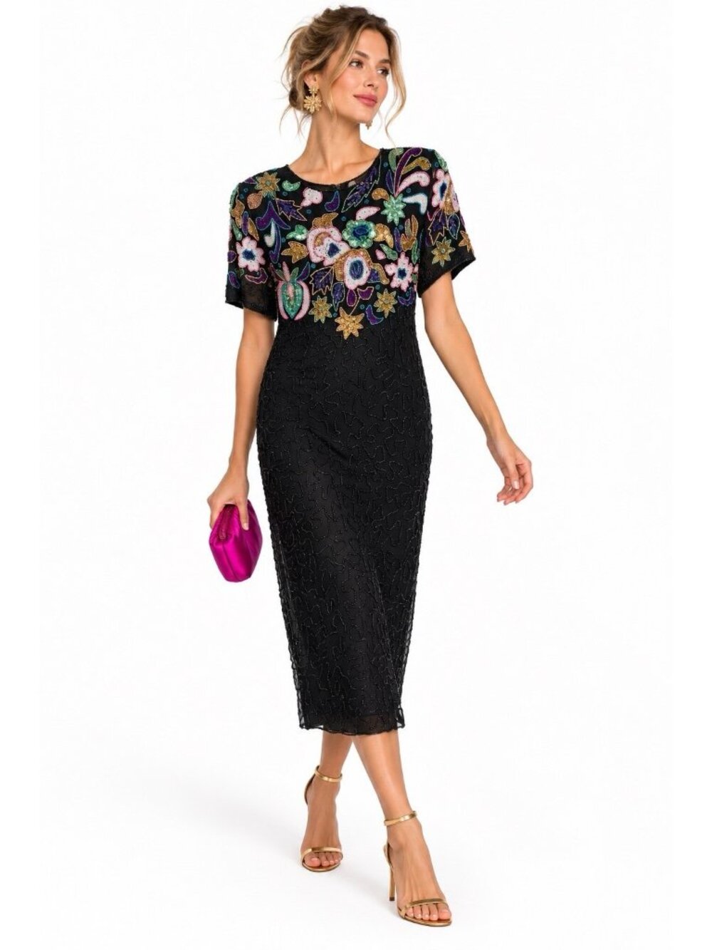vintage 90s BEADED COCKTAIL DRESS MEDIUM black floral midi red carpet glamour